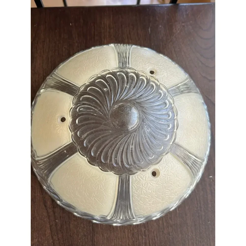 Vintage Art Deco Ceiling Clear & Creme Ornate Blown Glass Shade